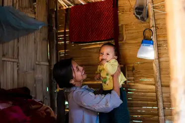 Myanmar Woman Plays With Baby New Shelter North East Myanmar