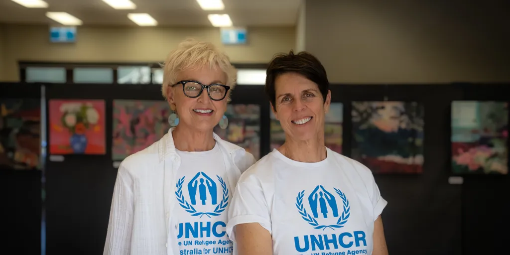 Fundraisers, Mary Lou and Therese wear UNHCR shirts