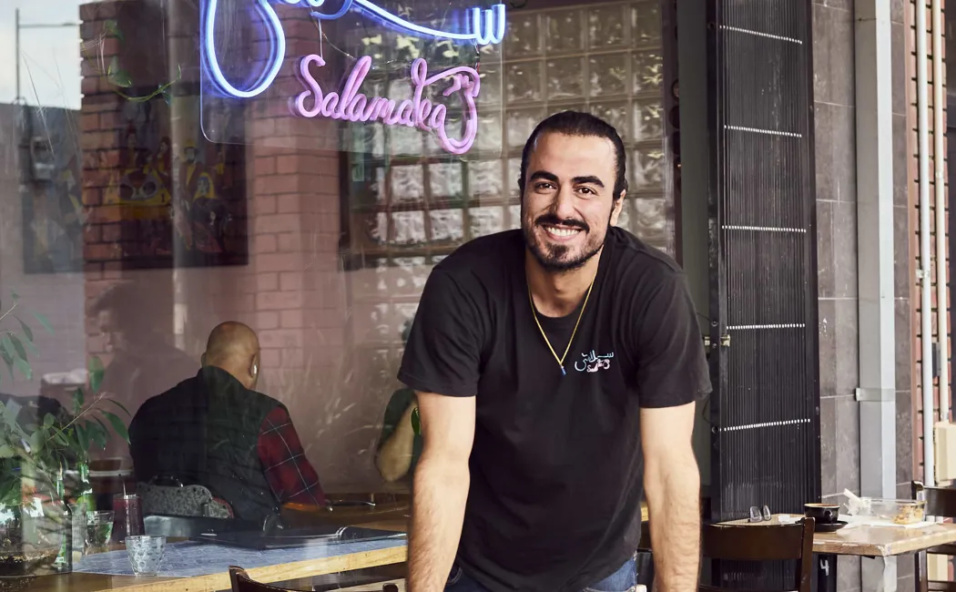 Australia. Hamed Allahyari outside his cafe SalamaTea in Melbourne