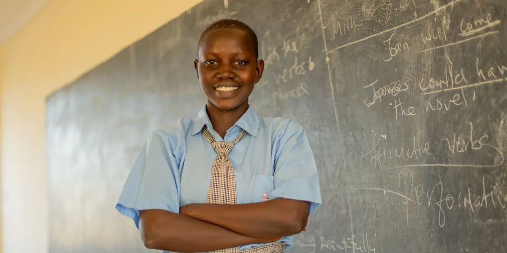 Refugee student Tololinda attends class at a UNHCR-supported school in Kalobeyei settlement, Kenya.