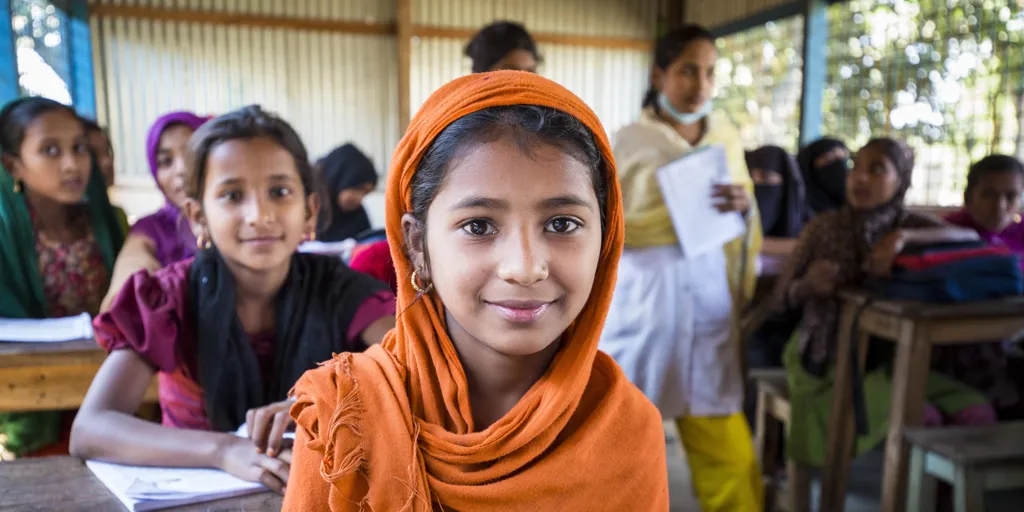 Rohingya refugee student Nur Fatima, 11, attends a school funded by UNHCR in Kutupalong camp.